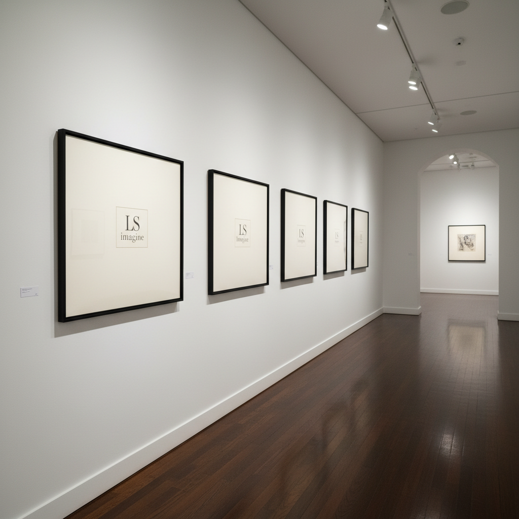 A long, elegantly minimal gallery corridor showcasing a curated sequence of LS Imagine original artworks, each canvas framed in thin matte-black metal and spaced with deliberate precision along a crisp white wall. The polished dark wood floor leads the eye into the depth of the exhibition. Recessed ceiling lights produce a soft, even wash of illumination, with subtle spotlights highlighting key pieces and creating gentle, elongated shadows below each frame. Photographic realism from a slightly low, centered perspective, emphasizing depth, rhythm, and the sophisticated, museum-like ambiance of an upcoming exhibition walkthrough, with no visitors present.